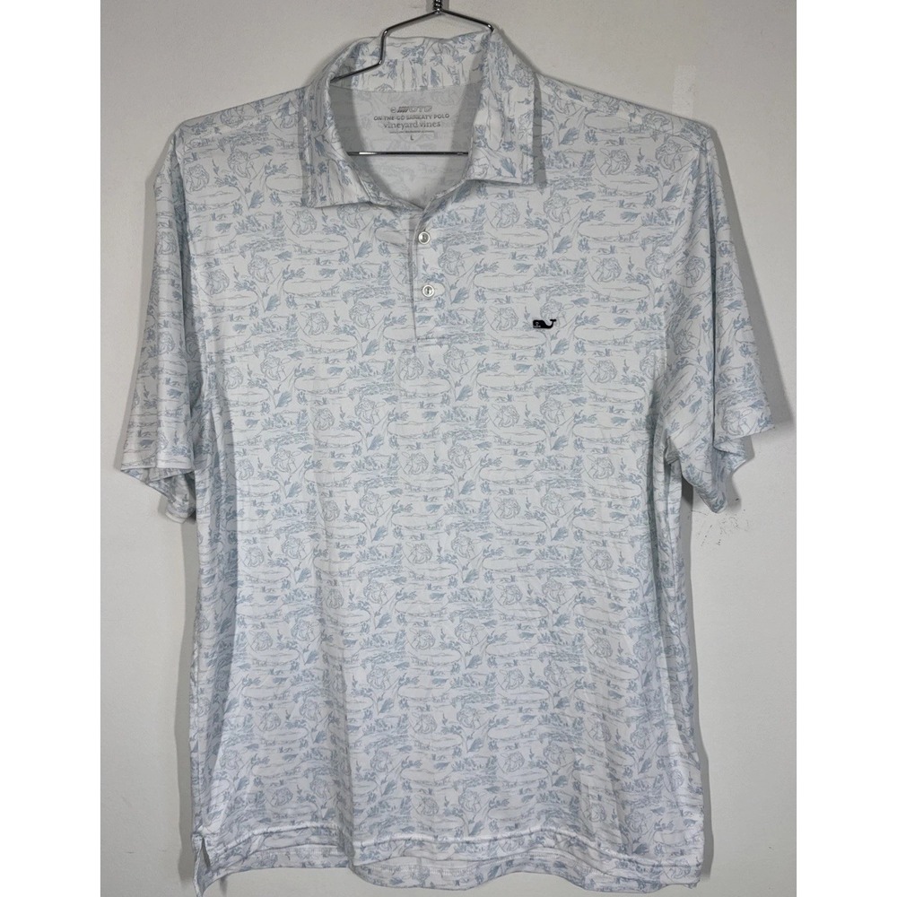 Vineyard Vines On The Go Sankaty Polo Mens L Blue White Fly Fishing Print Golf